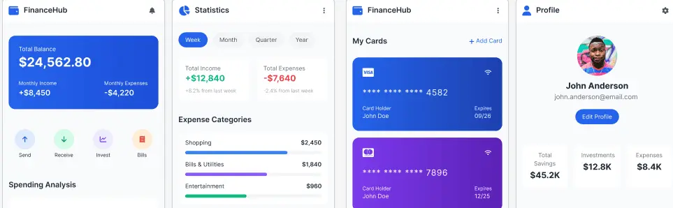 Modern finance dashboard UI with real-time analytics and data visualisations