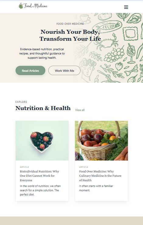 Food Over Medicine wellness blog and course platform preview